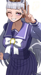  1girl animal_ears blunt_bangs bow bowtie breasts commentary_request gold_ship_(umamusume) grey_hair highres horse_ears horse_girl horseshoe_ornament large_breasts long_hair long_sleeves looking_at_viewer motusii one_eye_closed pillbox_hat pleated_skirt purple_sailor_collar purple_shirt purple_skirt sailor_collar sailor_shirt school_uniform shirt simple_background skirt smile solo tracen_school_uniform umamusume v violet_eyes white_background white_bow white_bowtie 