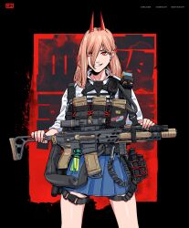  1girl absurdres assault_rifle bare_legs black_background blonde_hair chainsaw_man chest_rig cross-shaped_pupils demon_girl demon_horns grin gun highres horns j_adsen knife_sheath long_hair looking_at_viewer poster_(medium) power_(chainsaw_man) red_eyes red_horns rifle sharp_teeth sheath shirt smile solo symbol-shaped_pupils teeth weapon weapon_request white_shirt 