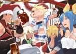  3boys 3girls ahoge akisa_yositake alcohol blonde_hair blue_hair breasts brown_hair chicken_(food) christmas christmas_ornaments christmas_tree cup dark-skinned_female dark_skin dizzy_(guilty_gear) elphelt_valentine eyepatch family father-in-law_and_son-in-law father_and_son food fur-trimmed_headwear grandfather_and_grandson green_eyes guilty_gear guilty_gear_xrd hair_ribbon hair_rings hat highres holding holding_cup holding_food huge_ahoge husband_and_wife ky_kiske long_hair long_sleeves looking_at_another looking_at_viewer medium_breasts mother_and_son multiple_boys multiple_girls muscular muscular_male pom_pom_(clothes) ramlethal_valentine red_eyes red_headwear ribbon santa_hat short_hair siblings sin_kiske sisters smile sol_badguy spiky_hair twintails yellow_eyes yellow_ribbon 