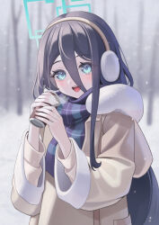  1girl :d aris_(blue_archive) aris_(winter)_(blue_archive) bare_tree black_hair blue_archive blue_eyes blue_halo blue_scarf blurry blurry_background breath can coat commentary earmuffs forest fur-trimmed_coat fur_trim hair_between_eyes halo highres holding holding_can long_hair looking_at_viewer nature official_alternate_costume outdoors plaid_clothes plaid_scarf poyih purple_scarf rectangular_halo scarf smile snow snowing solo tree two-tone_scarf upper_body winter winter_clothes winter_coat yellow_coat 