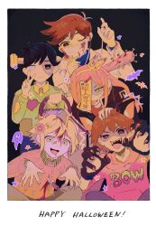  1girl 4boys absurdres animal_ears antenna_hair aubrey_(faraway)_(omori) aubrey_(omori) baseball_bat basil_(faraway)_(omori) basil_(omori) black_eyes black_hair blood blood_on_clothes blue_eyes blue_nails bright_pupils brown_eyes brown_hair closed_mouth collared_shirt dark-skinned_male dark_skin double-parted_bangs drooling fake_animal_ears flower green_sweater_vest hair_flower hair_ornament hairband halloween_costume happy_halloween hero_(faraway)_(omori) hero_(omori) heterochromia highres holding holding_baseball_bat holding_stethoscope hood hood_down hoodie jiangshi_costume kel_(faraway)_(omori) kel_(omori) knife_in_chest long_hair long_sleeves looking_at_viewer mask milkymilkyshark mouth_drool mouth_mask multiple_boys nail_(hardware) nail_bat omori open_mouth pink_hair red_hoodie sharp_teeth shirt shirt_under_sweater short_hair sidelocks smile spoilers stethoscope sunny_(omori) sweater_vest teeth tongue tongue_out translation_request upper_teeth_only v white_eyes white_mask white_pupils wolf_ears yellow_hairband yellow_shirt 