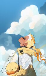  1boy agent_4_(splatoon) blonde_hair blue_sky brown_eyes character_request check_character closed_mouth clouds commentary dark-skinned_male dark_skin english_commentary highres inkling jacket looking_up low_ponytail male_focus multicolored_hair orange_hair outdoors ponytail rn_mnrn sky solo splatoon_(series) splatoon_2 standing tentacle_hair two-tone_hair upper_body wavy_hair yellow_jacket zapfish 