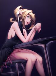  1girl absurdres adapted_costume black_background black_dress blonde_hair breasts commentary_request dress elbows_on_table from_side gradient_background green_eyes hair_ribbon highres klabisot large_breasts lipstick looking_at_viewer makeup mizuhashi_parsee on_stool ponytail ribbon sideboob simple_background sitting solo stool table touhou twitter_username white_ribbon 