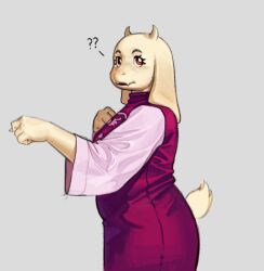  1girl ? ?? animal_ears body_fur bright_pupils cowboy_shot from_side furry furry_female g_e_kun goat_ears goat_girl goat_horns goat_tail hand_on_own_chest hands_up horns long_sleeves looking_at_viewer parted_lips purple_robe red_eyes robe solo tail toriel undertale utdr_(toby_fox) white_fur white_pupils 