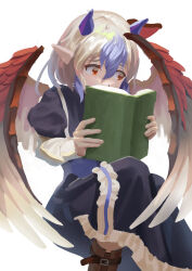  1girl absurdres bird_wings black_dress blue_hair book boots commentary_request dress grey_hair head_wings highres holding holding_book horns long_sleeves multicolored_hair open_book pointy_ears red_eyes red_wings single_head_wing solo tokiko_(touhou) touhou two-tone_hair wings yunickckck 