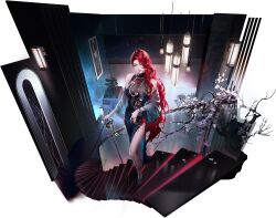  1girl aqua_eyeshadow artist_request black_dress blue_shawl cabernet_(path_to_nowhere) cane dress eyeshadow flower hair_flower hair_ornament highres holding holding_cane indoors jewelry long_hair makeup necklace official_art on_stairs overhead_lights path_to_nowhere pearl_necklace plant potted_plant railing red_lips shawl side_slit stairs tree very_long_hair violet_eyes wall_lamp 