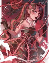  1girl balloon bat_earrings black_dress black_eyeshadow black_gloves black_hair black_lace_trim bow collar colored_skin commentary corset draculaura dress earrings english_commentary eyeliner eyeshadow fangs frilled_collar frills gem gloves hand_fan heart highres jewelry lipstick makeup monster_high multicolored_hair pearl_(gemstone) pink_bow pink_corset pink_hair pink_ribbon pink_skin pointy_ears questtneo red_ribbon ribbon sparkle strapless strapless_dress twintails two-tone_hair vampire 