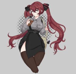  1girl alternate_costume bag belt bergmiten black_belt black_nails black_ribbon black_skirt breasts brown_hair brown_thighhighs bubble_tea collared_shirt contemporary cropped drink drinking drinking_straw drinking_straw_in_mouth fire_emblem fire_emblem_awakening grey_background grey_shirt hair_ribbon highres holding holding_drink light_blush long_hair long_sleeves looking_at_viewer medium_breasts miniskirt nail_polish red_eyes red_hair ribbon severa_(fire_emblem) shirt side_slit silver_chain skirt solo suspender_skirt suspenders thigh-highs thigh_gap twintails zettai_ryouiki 