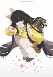  1girl absurdres alternate_costume alternate_hairstyle artist_name bag black_hair blunt_bangs breasts brown_shoes brown_skirt butterfly_hair_ornament candy cardigan cathon613 character_charm charm_(object) chupa_chups closed_mouth commentary_request eyepatch food from_above full_body green_necktie hair_ornament highres holding holding_candy holding_food holding_lollipop kimetsu_gakuen kimetsu_no_yaiba kochou_kanae kochou_shinobu leg_warmers lollipop long_hair long_sleeves looking_at_viewer medical_eyepatch medium_breasts necktie pink_eyes school_bag shoes sidelocks simple_background skirt solo squatting tsuyuri_kanao very_long_hair watermark weibo_watermark white_background white_leg_warmers yellow_cardigan 