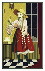  1girl absurdres black_gloves brown_hair chaojufei checkered_floor chinese_commentary clock flower gloves hat highres indoors lampshade long_hair original solo vase 
