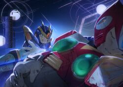  2boys armor battle_damage blue_armor blue_background blue_helmet chest_jewel forehead_jewel helmet male_focus mega_man_(series) mega_man_x5 mega_man_x_(series) multiple_boys red_armor red_helmet to_i_to_io ultimate_armor_x_(mega_man) x_(mega_man) zero_(mega_man) 