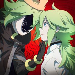  2boys ahoge atltax_00 black_gloves blue_eyes border brown_cloak cloak commentary constricted_pupils crown dress_shirt elbow_gloves faceless faceless_male facing_another ghetsis_(pokemon) gloves green_hair hand_on_another's_chin heads_together high_collar highres long_sidelocks looking_at_another low_ponytail male_focus multiple_boys n_(pokemon) ornate_border partially_unbuttoned pokemon pokemon_black_2_and_white_2 ponytail red_background shirt shirt_under_shirt sidelocks spiked_crown surprised upper_body vignetting white_shirt 