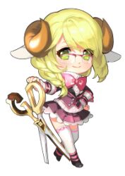 animal_ears arpiel blonde_hair braid cecil_(arpiel) glasses green_eyes horns lowres non-web_source official_art ribbon sheep_ears sheep_girl sheep_horns single_braid skirt weapon 