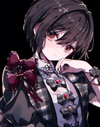  04_fujino9 1girl absurdres artist_logo black_background black_bow black_flower black_jacket black_nails blue_gem bow bowtie brown_eyes brown_gem brown_hair closed_mouth collared_shirt commentary costume_request dot_nose double-parted_bangs fingernails fishnets floral_print flower frilled_bowtie gem hair_between_eyes hand_up head_tilt highres jacket lace_trim lapels light_smile logo looking_at_viewer nail_polish notched_lapels official_alternate_hairstyle pink_gem plaid_bow plaid_clothes project_sekai puffy_short_sleeves puffy_sleeves red_bow red_bowtie red_gem rose_print shinonome_ena shirt short_hair short_sleeves simple_background solo split_mouth take_the_best_shot!_(project_sekai) upper_body white_shirt 