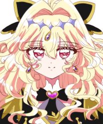  1girl antenna_hair biwako_(biwa27) black_capelet black_dress blonde_hair blush bow brooch capelet closed_mouth cure_arcana_shadow dress frills hair_bow hair_intakes heart heart_brooch highres jewelry long_hair looking_at_viewer magical_girl meitantei_precure! portrait precure simple_background smile solo violet_eyes white_background 