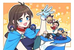  4girls 5boys :d ace_attorney antenna_hair apollo_justice apollo_justice:_ace_attorney beanie beard_over_mouth blue_cape blue_dress blue_hat border breasts brooch brown_hair buttons cape chibi collarbone commentary diamond_button double-parted_bangs dress ema_skye gavel gloves grey_hoodie hair_intakes hand_up hat holding holding_unworn_clothes holding_unworn_hat hood hoodie in_hat jewelry klavier_gavin kristoph_gavin lamiroir_(ace_attorney) looking_ahead low_ponytail medium_hair multiple_boys multiple_girls off-shoulder_dress off_shoulder open_hand open_mouth orange_background outline pennant phoenix_wright ponytail red_scarf scarf senki_xl sidelocks small_breasts smile star_(symbol) star_symbol_background the_judge_(ace_attorney) top_hat trucy_wright untranslatable_commentary unworn_hat unworn_headwear veil vera_misham white_border white_gloves white_outline 