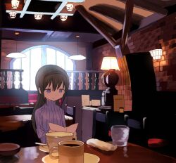  1girl akemi_homura alternate_costume black_hair black_hairband chair closed_mouth coffee_mug cup dot_nose hairband holding holding_menu holding_paper lamp long_hair long_sleeves mahou_shoujo_madoka_magica menu mug on_chair paper purple_sweater reading restaurant samidare_(hoshi) sidelocks sitting solo sweater table violet_eyes 
