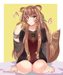  1girl absurdres animal_ear_fluff animal_ears bare_legs barefoot black_dress blush border breasts brown_hair brown_trim child collarbone commentary dress eating feet full_body furuza10 grey_dress hand_up heart highres holding_bread layered_dress long_hair long_sleeves metal_wrist_cuffs outside_border pinstripe_dress pinstripe_pattern raccoon_ears raccoon_girl raccoon_tail raphtalia raphtalia_(young) red_dress red_eyes short_sleeves simple_background sitting small_breasts solo tail tate_no_yuusha_no_nariagari thick_thighs thighs two-tone_dress wariza white_border wide_hips yellow_background 