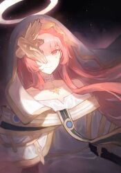  1girl absurdres ambience_synesthesia arknights bare_shoulders closed_mouth disembodied_hand dress facial_mark halo highres lemuen_(arknights) lemuen_(requiem_vesperis)_(arknights) linkr long_hair looking_at_viewer official_alternate_costume one_eye_covered pink_eyes pink_hair see-through_clothes see-through_veil smile solo star_pendant teardrop_facial_mark upper_body veil white_dress white_halo white_veil 