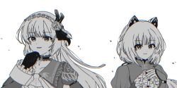  2girls animal_ears arm_at_side ascot assault_lily buttons cat_ears center_frills chromatic_aberration closed_mouth collar collarbone commentary_request cross_pendant fake_animal_ears feather_hair_ornament feathers flower frilled_collar frilled_shirt frilled_sleeves frills gloves gozen_(assault_lily) greyscale hair_flower hair_ornament hair_ribbon hairband hand_on_own_chin hand_up highres juliet_sleeves long_hair long_sleeves looking_at_viewer low_twintails monochrome multiple_girls parted_lips pendant_collar portrait puffy_sleeves ribbon rose see-through_clothes see-through_sleeves shirt simple_background smile spot_color toda_eulalia_kotohi twintails white_background yui_(yui1115_) 