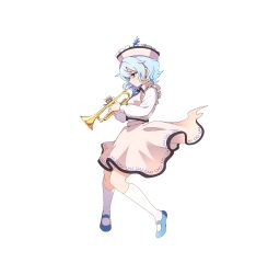  1girl absurdres baba_(baba_seimaijo) blue_eyes blue_hair blue_shoes commentary_request hat highres holding holding_instrument holding_trumpet instrument kneehighs long_sleeves mary_janes merlin_prismriver music pink_hat pink_skirt pink_vest playing_instrument shoes simple_background skirt skirt_set socks solo touhou trumpet vest white_background white_socks 