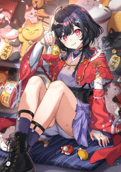  1girl ahoge ankle_boots arm_support black_boots black_hair black_nails boots braid braided_sidelock bridal_gauntlets capelet cat collared_kimono corset crossed_ankles detached_sleeves elbow_gloves elbow_on_thigh full_body gloves highres japanese_clothes kimono kimono_skirt lace-up_boots maneki-neko medium_hair mole mole_under_eye nail_polish original parted_lips purple_kimono purple_socks red_capelet red_eyes red_sleeves shinishi_chiho short_kimono side_braid sitting sitting_backwards slit_pupils smile socks solo underbust white_bridal_gauntlets 