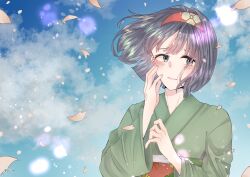  1girl black_hair blush clouds commentary_request day erika_(pokemon) green_kimono hairband hand_up headband highres japanese_clothes kimono looking_at_viewer petals pokemon red_headband sanami_(mmommmnn) short_hair upper_body 