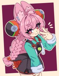  1girl animal_ear_fluff animal_ear_piercing animal_ears border braid braided_twintails bright_pupils brown_border closed_mouth commentary cowboy_shot english_commentary from_side furry furry_female green_shirt hair_ornament highres loblob_art long_hair looking_at_viewer magikflaan notice_lines pink_fur pink_hair rabbit_ears rabbit_girl red_background red_eyes screw shirt short_eyebrows smile solo sphere_hair_ornament thick_eyebrows w white_pupils zenless_zone_zero zhao_(zenless_zone_zero) 
