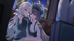  2girls absurdres black_eyes black_hair blue_archive bow bowtie collared_shirt commentary_request dark eco_mak1 green_halo grey_hair hair_bow halo hand_on_another's_knee hat heavy_breathing highres hiromi_(blue_archive) holding_hands indoors jacket long_hair long_sleeves looking_at_another miyo_(blue_archive) multiple_girls necktie night pants peaked_cap shirt short_hair skirt suspender_pants thighs white_bow white_shirt yellow_halo yuri 