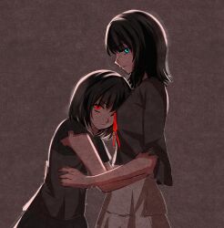  2girls aisen_(aisen10086) amakura_mayu amakura_mio backlighting black_hair black_shirt black_skirt blue_eyes brown_background brown_camisole camisole camisole_over_clothes closed_mouth commentary cowboy_shot fatal_frame fatal_frame_ii:_crimson_butterfly film_grain from_side head_on_chest highres hug looking_at_viewer looking_to_the_side medium_hair multiple_girls one_eye_covered profile red_eyes red_ribbon ribbon shirt short_hair short_sleeves siblings sideways_glance sisters skirt standing twins untranslatable_commentary waist_hug white_skirt 
