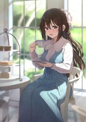  1girl absurdres blue_dress blue_eyes blush brown_hair commentary_request cup dress food highres holding holding_plate indoors long_hair long_sleeves looking_at_viewer love_live! love_live!_nijigasaki_high_school_idol_club open_mouth osaka_shizuku pastry plate polka_dot polka_dot_dress sitting solo table tata_(tataice) teacup tiered_tray window 