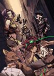  2boys 2girls animal beard black_hair cigarette cowboy_bebop dog edward_wong_hau_pepelu_tivrusky_iv ein_(cowboy_bebop) facial_hair faye_valentine goggles goggles_on_head green_eyes gun highres holding holding_gun holding_weapon jet_black looking_at_viewer multiple_boys multiple_girls orange_hair prosthesis prosthetic_arm purple_hair short_hair smile spike_spiegel spiky_hair sunglasses ten-chan_(eternal_s) weapon 