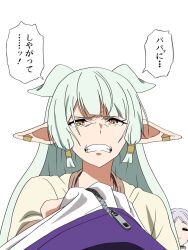  2girls :3 =_= blue_jacket clothes_grab commentary don't_bully_suzuka earclip ears_down elf extra_ears frieren frown fujimasa_march_(umamusume) fusion green_hair grey_hair grimace hair_tubes half-closed_eyes highres horse_girl ise_mariya jacket jacket_grab kasamatsu_tracen_training_uniform long_hair looking_at_viewer multiple_girls pointy_ears pov scene_reference serie_(sousou_no_frieren) shirt simple_background translated umamusume umamusume:_cinderella_gray upper_body voice_actor_connection white_background white_shirt yellow_eyes 