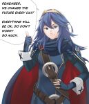  1girl blue_eyes blue_hair cape english_text fingerless_gloves fire_emblem fire_emblem_awakening flat_chest gloves hair_between_eyes highres long_hair long_sleeves looking_at_viewer lucina_(fire_emblem) pomelomelon smile solo symbol-shaped_pupils thumbs_up tiara white_background 