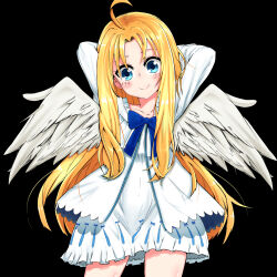  1girl absurdres admiralkukichi ahoge arms_behind_head arms_up bird_girl bird_wings black_background blonde_hair blue_dress blue_eyes blush child closed_mouth commentary_request cowboy_shot dress feathered_wings filo_(tate_no_yuusha_no_nariagari) frilled_dress frills highres long_hair long_sidelocks looking_at_viewer parted_bangs short_dress sidelocks simple_background smile solo split_mouth standing straight-on straight_hair tate_no_yuusha_no_nariagari two-tone_dress white_dress white_wings wings 
