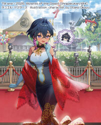  2026 2girls aogiri_shinobu balloon blue_dress blue_gloves blue_hair blue_sky braid building camera chibi clouds cloudy_sky commentary_request copyright_notice crossed_bangs dark-skinned_female dark_skin dragon_musume_ni_naritakunai! dress duel_masters elbow_gloves flying_sweatdrops fountain gloves green_hair imagining jewelry low_twin_braids multicolored_hair multiple_girls necklace official_art okanoyuno open_mouth outdoors pink_hair purple_hair red_carpet red_shawl shawl sky speech_bubble sweatdrop teiozaka_mumu thought_bubble tree twin_braids violet_eyes 