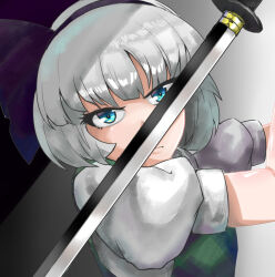  1girl aqua_eyes arms_up black_background black_hairband closed_mouth collared_shirt commentary fighting_stance green_vest grey_hair hairband holding holding_sword holding_weapon katana konpaku_youmu looking_at_viewer ox_guard pi-nattus portrait puffy_short_sleeves puffy_sleeves shirt short_hair short_sleeves solo sword touhou two-tone_background vest weapon white_background white_shirt 