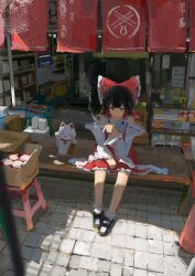  1girl absurdres ascot black_shoes bow box brown_hair cardboard_box cigarette commentary_request detached_sleeves frilled_bow frilled_hair_tubes frills hair_bow hair_tubes hakurei_reimu highres holding holding_cigarette koukouya long_hair maneki-neko mary_janes red_bow red_skirt ribbon-trimmed_sleeves ribbon_trim shoes shop sitting skirt skirt_set smoking socks solo stool touhou translation_request white_socks yellow_ascot 