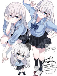  1girl absurdres black_skirt black_socks blue_bow blue_bowtie blue_eyes blue_shirt bow bowtie breasts chibi chibi_inset cinopain collared_shirt commentary_request ear_piercing earrings highres jewelry long_hair multiple_views one_eye_closed original piercing plaid_bow plaid_clothes plaid_skirt pleated_skirt school_uniform shirt shoes simple_background skirt sleeves_rolled_up socks tongue tongue_out white_background white_hair 