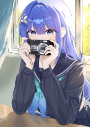  1girl absurdres arcana_(fortune_mate)_(nikke) arcana_(nikke) black_serafuku blue_eyes blue_hair blue_neckerchief blush camera commentary_request covered_mouth curtains eb_030 goddess_of_victory:_nikke hair_ornament hair_over_shoulder highres holding holding_camera korean_commentary long_hair looking_at_viewer neckerchief school_uniform serafuku solo very_long_hair window 