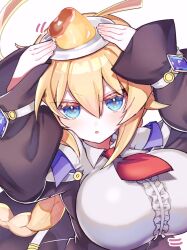 1girl :o ahoge blazblue blonde_hair blue_eyes braid braided_ponytail breasts center_frills dress es_(xblaze) food frills hair_between_eyes highres holding holding_plate huge_ahoge large_breasts long_hair long_sleeves looking_at_viewer mariri_png motion_lines necktie open_mouth oppai_loli plate pudding red_necktie simple_background single_braid solo underbust white_background xblaze 