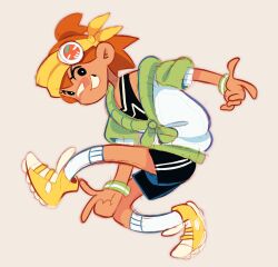  1boy alternate_costume alternate_hairstyle bandaid bandaid_on_face bandaid_on_nose black_eyes black_shorts bright_pupils brown_hair dark-skinned_male dark_skin full_body grey_background highres kel_(faraway)_(omori) kel_(omori) looking_at_viewer male_focus omori open_mouth pointing pointing_at_viewer remi_(mozzaremi) shoes short_hair short_sleeves shorts simple_background sneakers socks solo sonic_(series) sonic_adventure sonic_adventure_pose teeth white_pupils white_socks yellow_shoes 