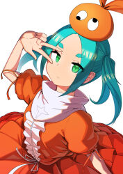  1girl absurdres closed_mouth commentary_request dress green_eyes green_pupils haga_souken highres looking_at_viewer monogatari_(series) ononoki_yotsugi orange_dress puffy_short_sleeves puffy_sleeves short_sleeves simple_background solo standing twintails v v_over_eye white_background 