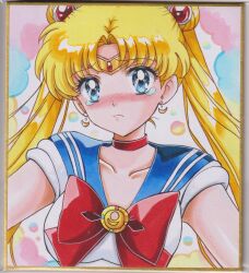  1girl bishoujo_senshi_sailor_moon blonde_hair blue_eyes blue_sailor_collar blush bow breasts chikoto_(kztc4472) choker cloud_background collarbone colorful_background commentary crescent crescent_earrings crying crying_with_eyes_open double_bun earrings frown gem gold_tiara hair_bun hair_ornament highres jewelry leotard lips lone_nape_hair long_hair looking_at_viewer magical_girl medium_breasts nose_blush parted_bangs photo_(medium) picture_frame raised_inner_eyebrows red_bow red_choker red_gem sailor_collar sailor_moon sailor_senshi_uniform short_sleeves solo tears tiara traditional_media transformation_brooch_(sailor_moon) tsukino_usagi twintails upper_body very_long_hair white_leotard 