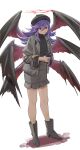  1girl absurdres alternate_costume boots casual cellphone dark-skinned_female dark_skin darklord_ixchel duel_monster fingernails full_body halo high_heel_boots high_heels highres holding holding_phone jacket lmn9911 long_fingernails multiple_wings open_clothes open_jacket phone purple_hair red_eyes ribbed_sweater skirt smartphone solo sweater wings yu-gi-oh! 