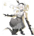  1girl absurdres cdlo character_name character_request check_character grey_hair hair_ornament highres holding holding_weapon joints karenina_(punishing:_gray_raven) long_hair maid_headdress mechanical_arms orange_eyes punishing:_gray_raven robot_joints twintails weapon x_hair_ornament 