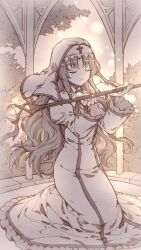  1girl briella_(eternal_senia) closed_eyes coif eternal_senia eternal_senia_2:hydrangea_after_the_rain game_cg holding holding_staff kneeling long_hair long_sleeves nun nun_headdress priest_(ragnarok_online) ragnarok_online sepia solo staff veil 