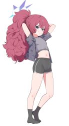  1girl absurdres alternate_costume alternate_hairstyle arms_behind_head black_socks blue_archive blue_halo closed_mouth commentary_request fluffy_hair full_body grey_eyes halo highres iro_(kzs_kyu7) iroha_(blue_archive) red_hair short_shorts shorts socks solo standing white_background 