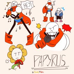  1:1 2023 2d 3boys =_= armor black_shorts blue_jacket blue_shorts bone boots brothers cape character_name chibi chibi_inset covered_mouth cropped_torso digital_media english_text flower flowey_(undertale) full_body gloves grey_hood hands_in_pockets hands_on_own_hips height_difference highres holding holding_microphone hollow_eyes hood hood_down hooded_jacket humanoid jacket long_sleeves male male_focus male_only microphone monster monster_boy multiple_boys multiple_views music musical_note notice_lines onerudegentlman open_clothes open_jacket open_mouth papyrus_(undertale) pink_slippers plant puff_of_air red_boots red_cape red_gloves red_ribbon revision ribbon sans_(undertale) shirt shorts siblings simple_background singing single_vertical_stripe skeleton slippers socks speech_bubble standing striped_clothes striped_shorts teeth text trio undead undertale utdr_(toby_fox) variant_set vertical-striped_clothes vertical-striped_shorts white_armor white_shirt white_socks white_stripes xd yellow_background yellow_flower |_| 