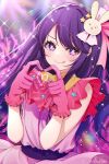  1girl absurdres artist_name belt blurry blurry_background blush closed_mouth commentary dress eyelashes gem gloves hair_between_eyes hair_ornament hair_ribbon hands_up haruki_(colorful_macaron) heart heart_hands highres hoshino_ai_(oshi_no_ko) idol light long_hair looking_at_viewer multicolored_eyes multicolored_hair oshi_no_ko pink_dress pink_eyes pink_gemstone pink_gloves pink_hair pink_ribbon purple_belt purple_hair rabbit_hair_ornament ribbon sidelocks sleeveless sleeveless_dress smile solo sparkle standing star-shaped_pupils star_(symbol) star_hair_ornament star_print symbol-shaped_pupils tongue tongue_out turtleneck turtleneck_dress two-tone_hair v-shaped_eyebrows violet_eyes 